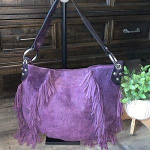 VINTAGE SERGIOS COLLECTION PURPLE SUEDE EMBOSSED FRINGE HOBO BAG